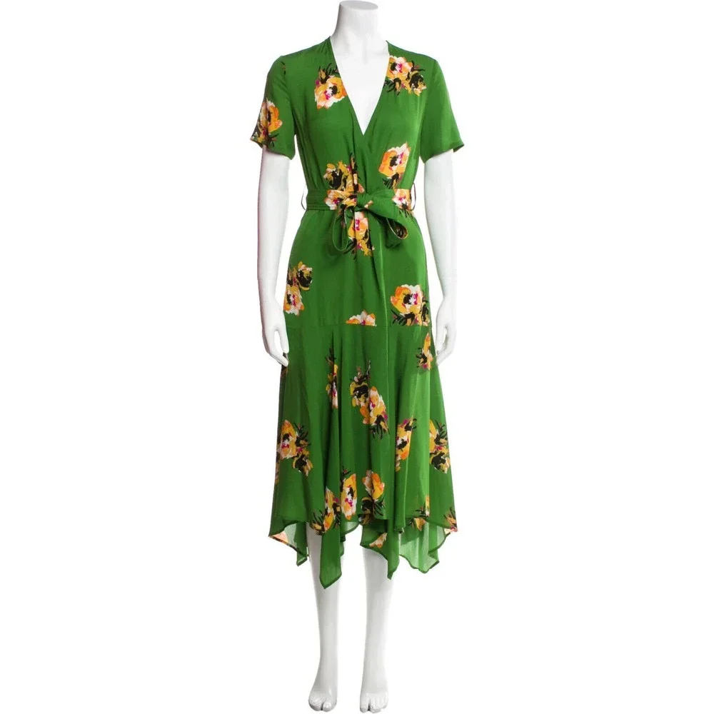 A.L.C. 100% Silk Cora Wrap Dress Green Floral Tie V-Neck SS Women's Size 4 ALC - Picture 3 of 16
